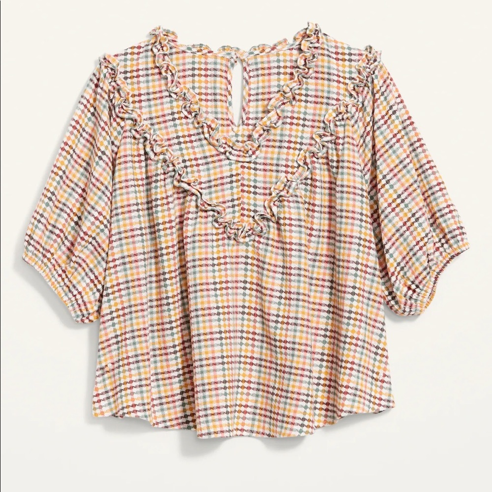 Old Navy Oversized Short Sleeve Ruffled Donny Gingham Blouse Multi Plaid Flowy M